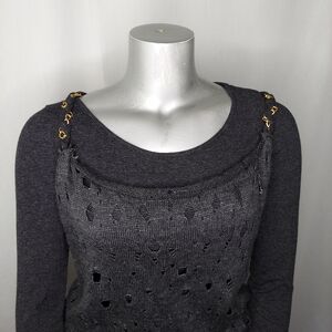 Exzotica Dress Knit Long Sleeve Rip Holes Chain Elastic Waist Mini Stretch M/L
